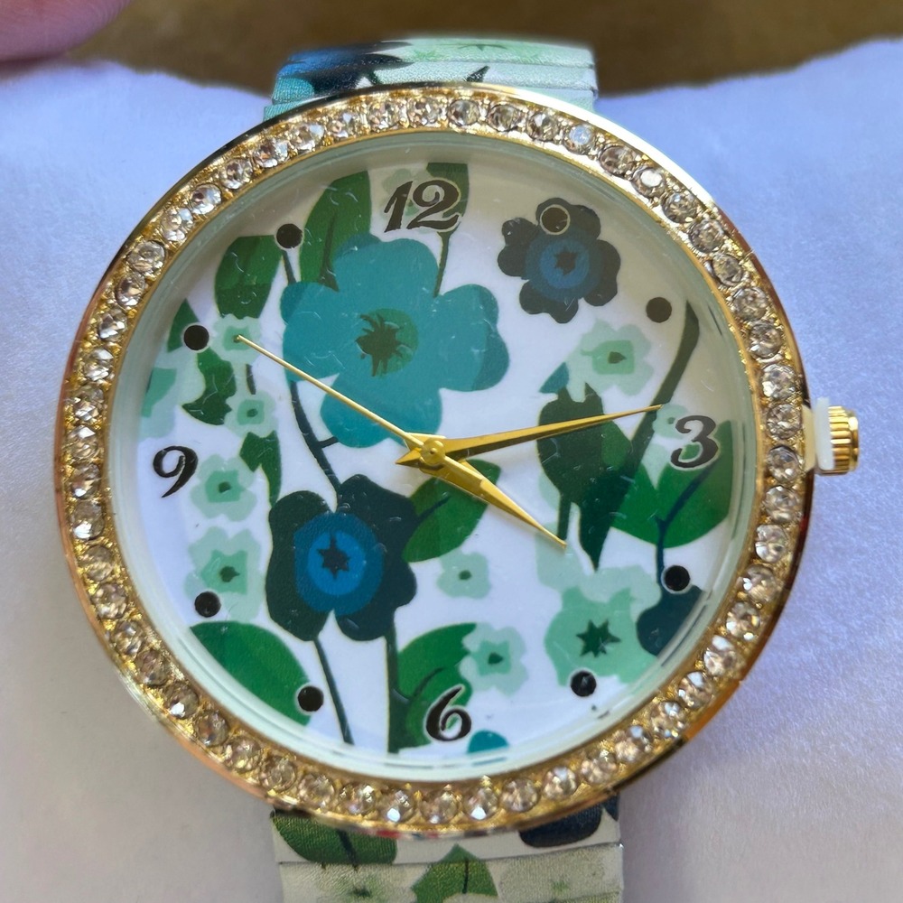 Strada Women Floral Dial Watch Gold Tone Rhinestone Bezel Expansion Band Green